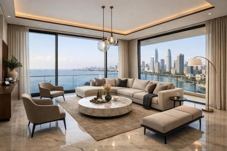 Sea-facing living room at Sunteck BKC Residences with Mumbai skyline views