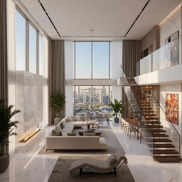 Double-height duplex living room with floating staircase at Signature Island, BKC